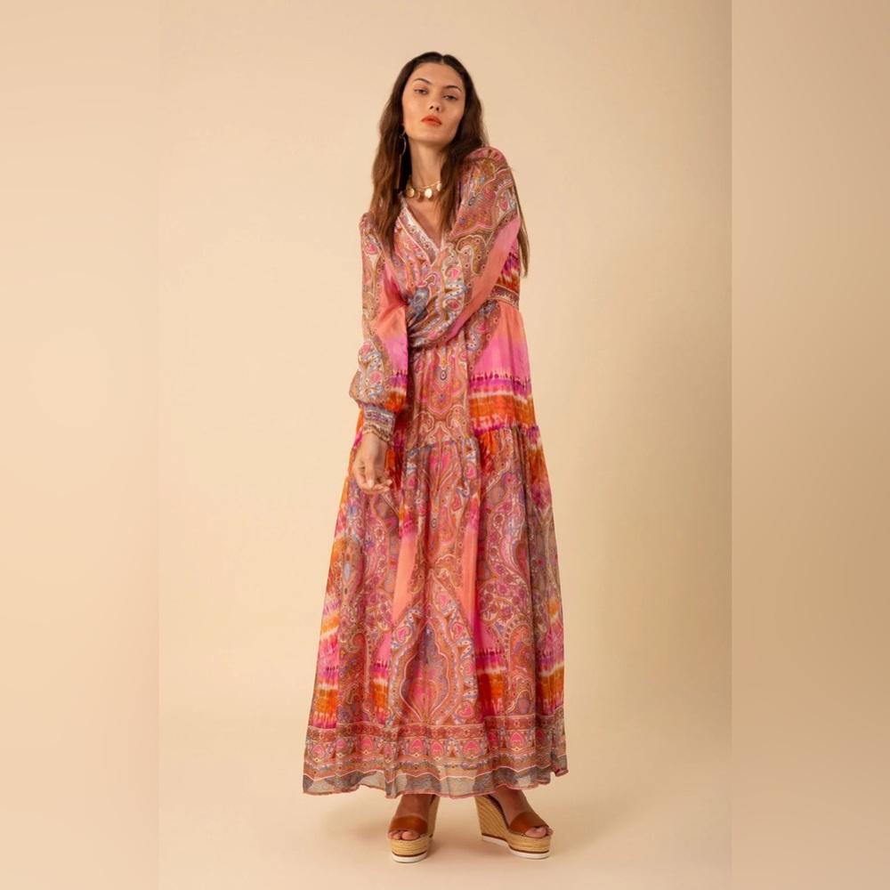 NWT pure silk Hale Bob Vibrant Long Sleeve Paisley Dress in Pink and Orange